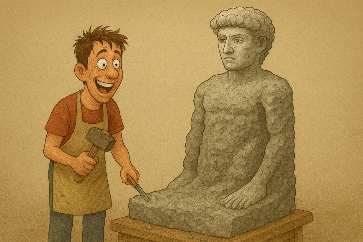 A sculptor chiseling a marble statue, representing the art of refining AI-generated code